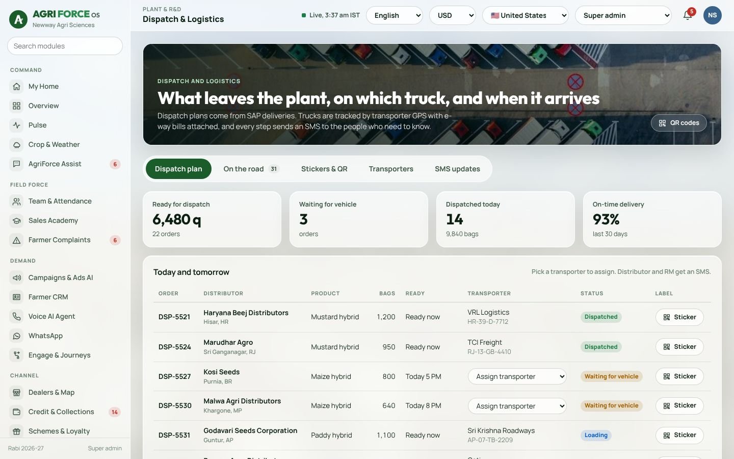 Dispatch and logistics screen