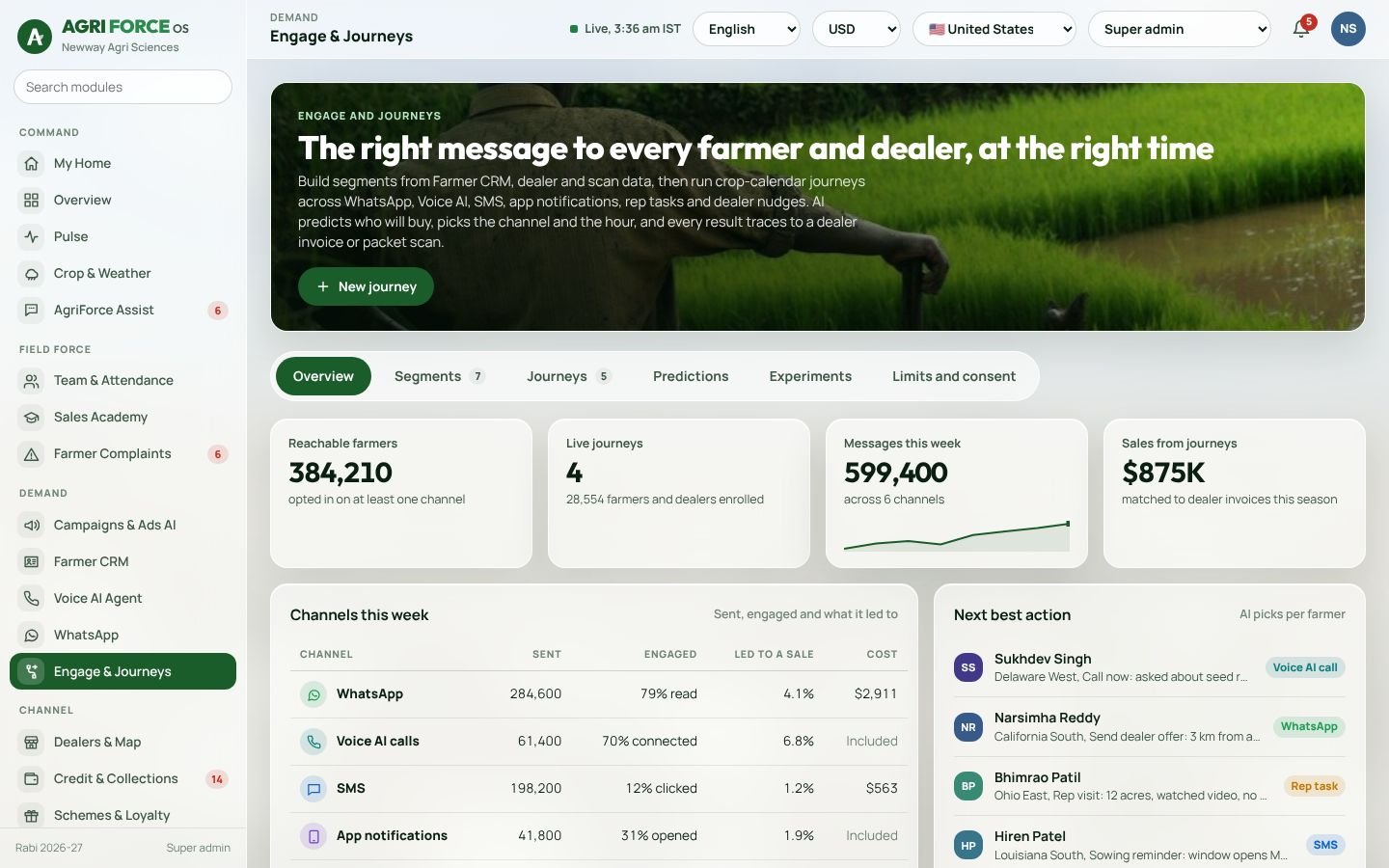 Engage and journeys screen