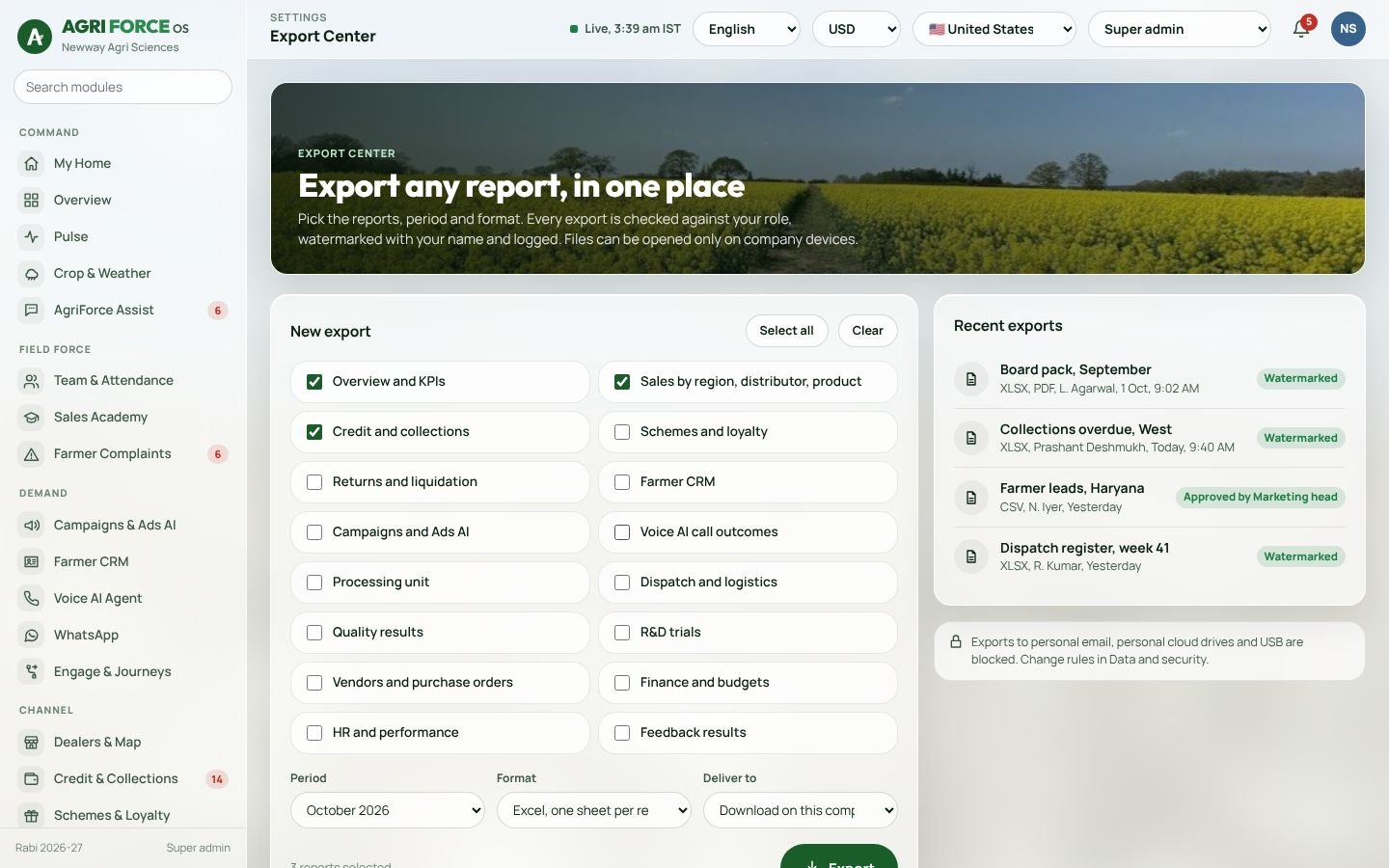 Export center screen