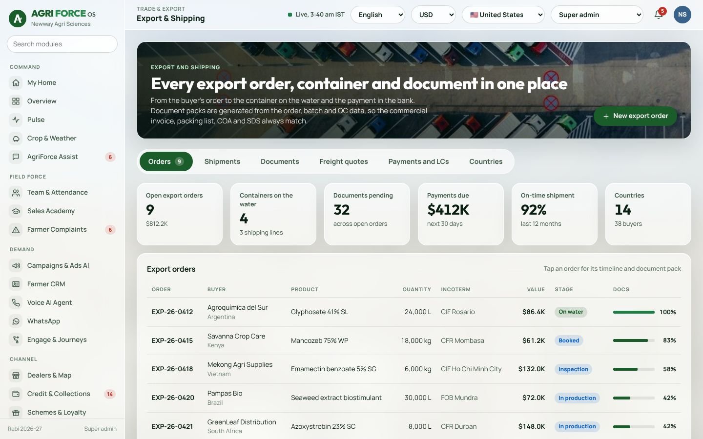 Export and shipping screen