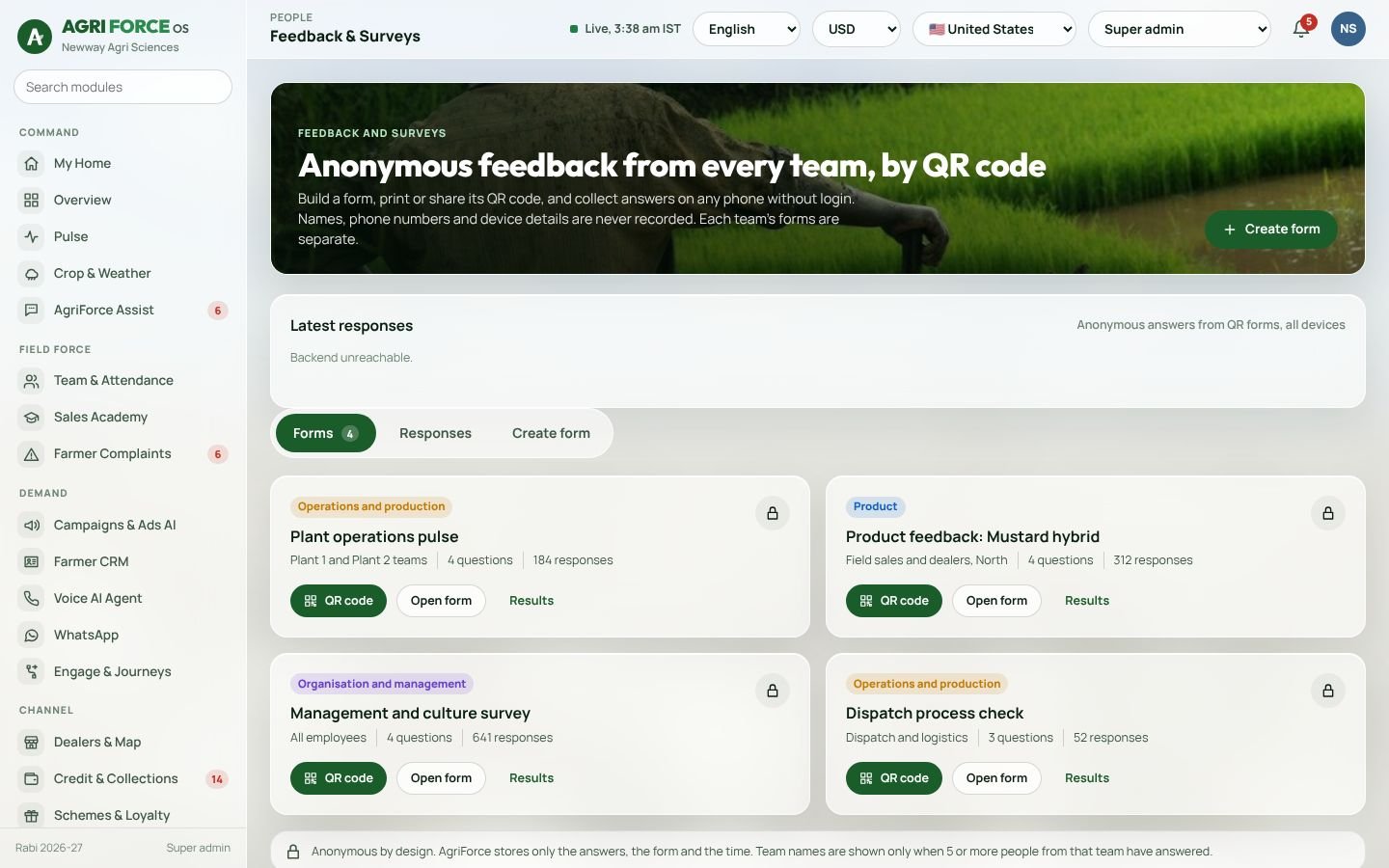 Feedback and surveys screen