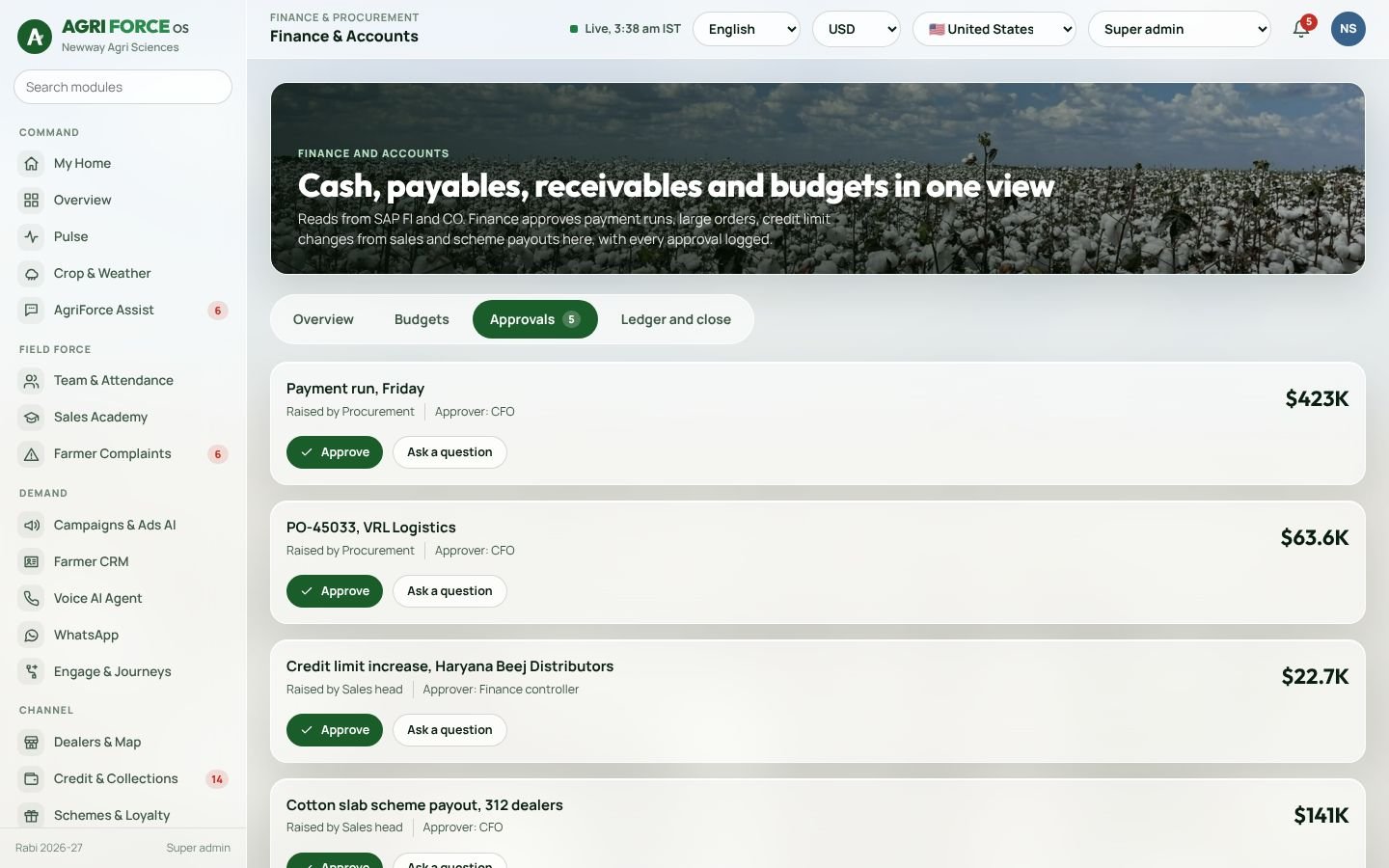 Finance and procurement screen