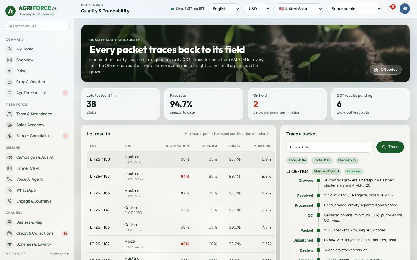 Quality and traceability screen