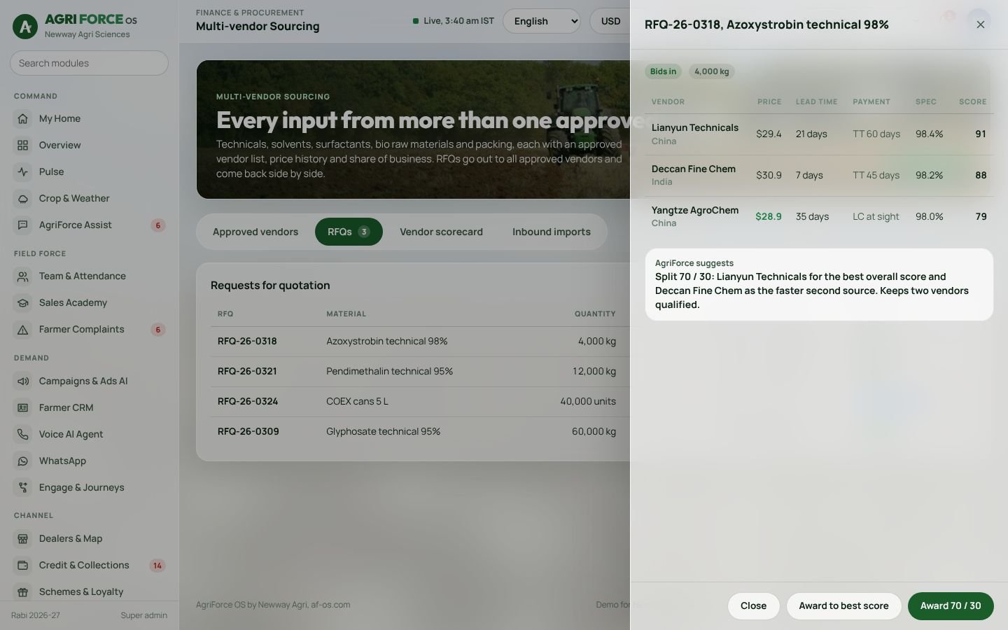 Multi-vendor sourcing screen