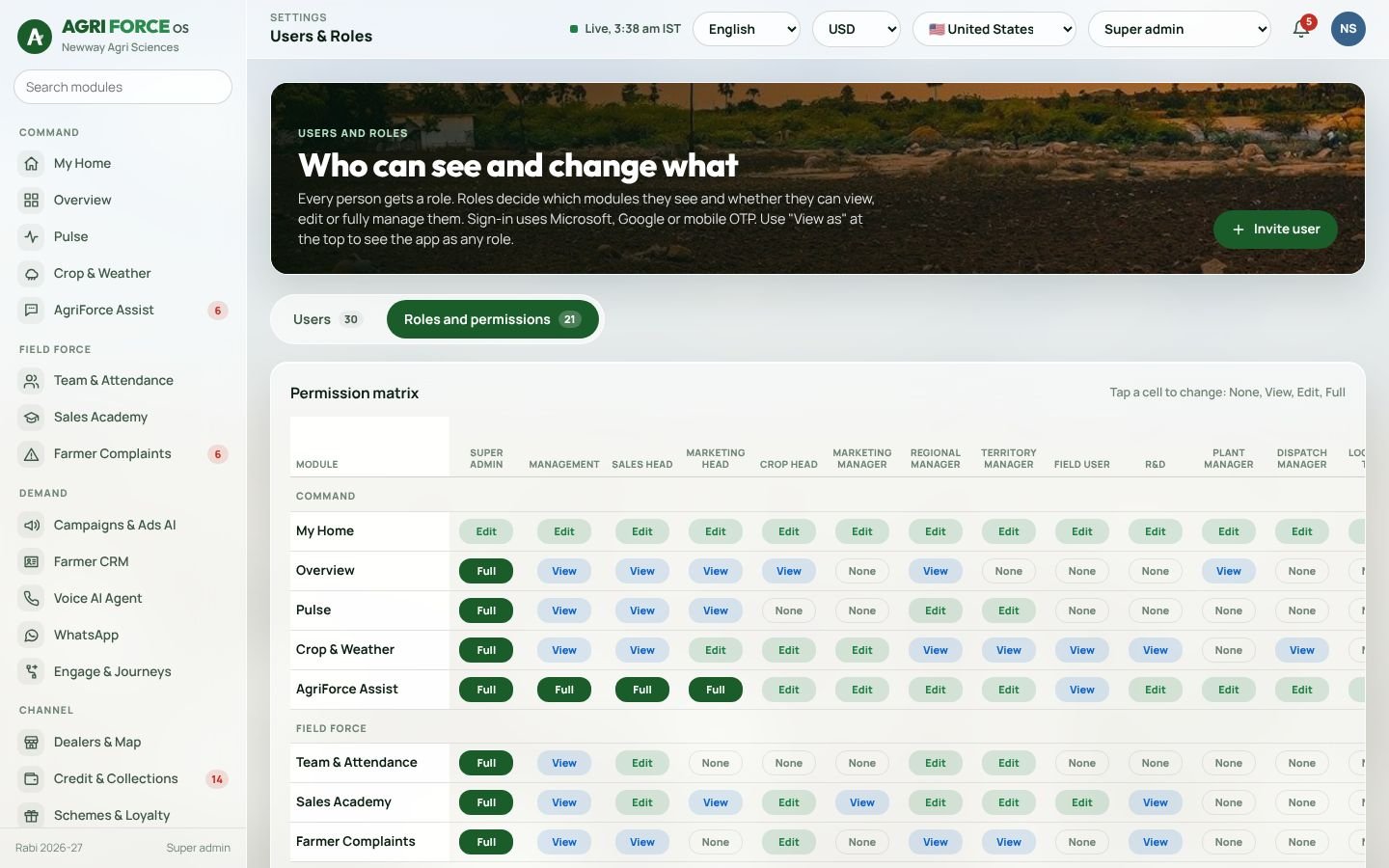 Users and roles screen
