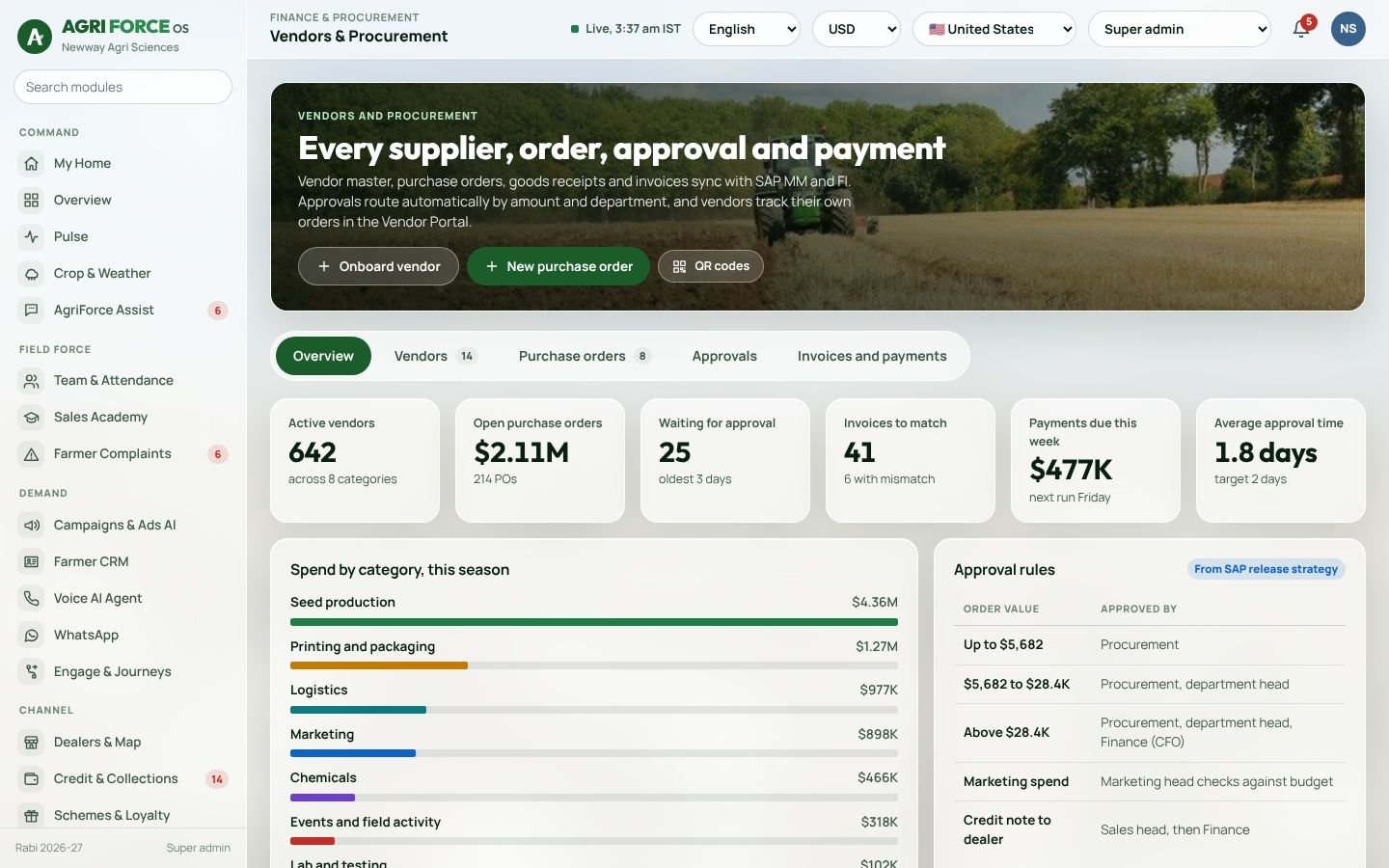 Vendors and procurement screen