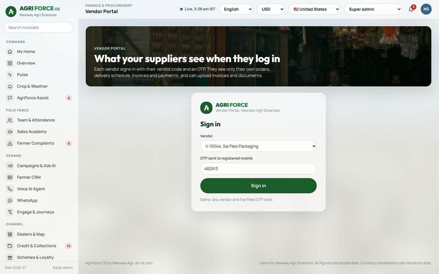 Vendor portal screen