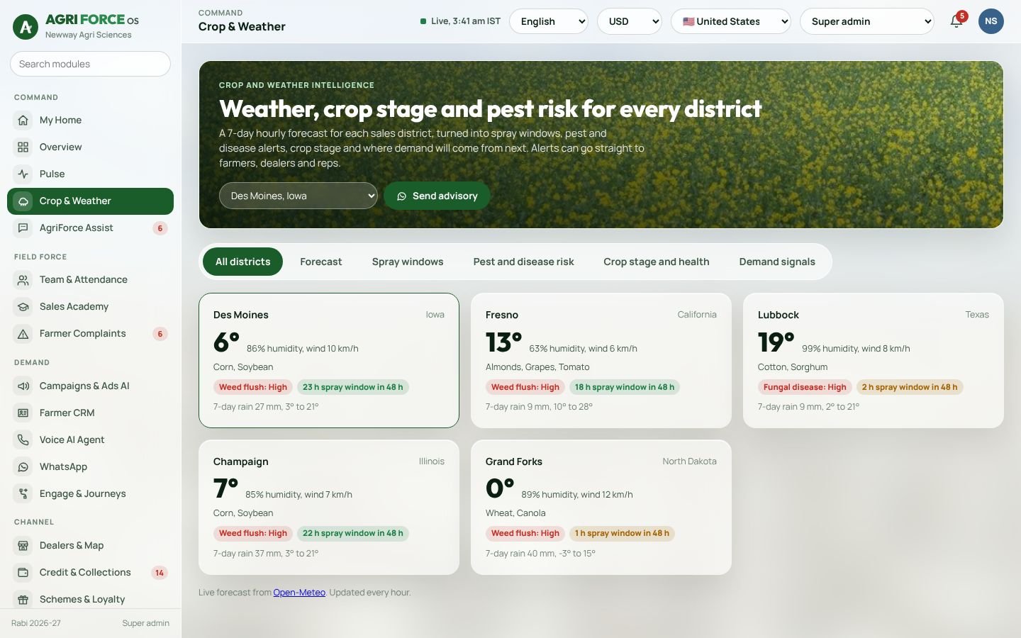 Crop and weather intelligence screen